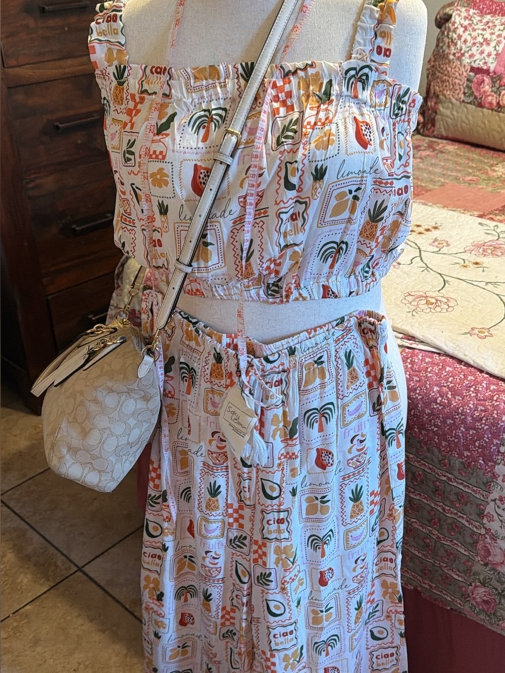 Women’s White Multi-Color Printed Crop Top and pants